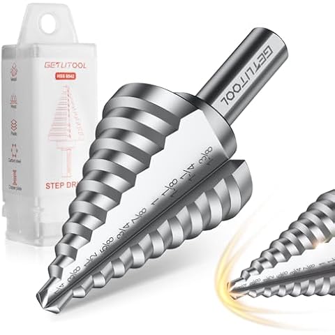 Step Drill Bit 1/4 to 1-3/8 Inch, GETLITOOL 10 Sizes High Speed Steel Step Drill Bit, 1-Piece HSS Spiral Steel Step Cone Bits for Metal Hole Drilling, Multiple Hole Drilling Bit for DIY Cover