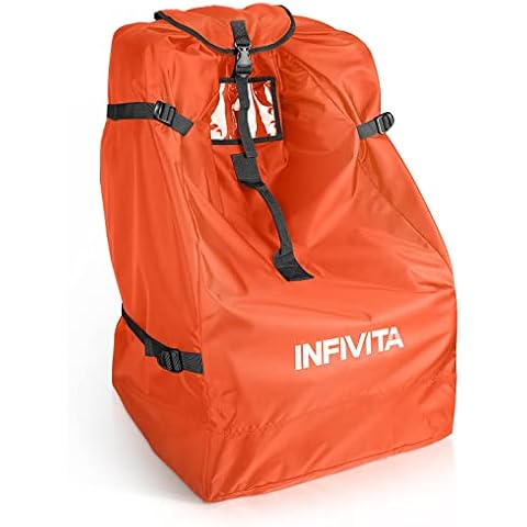 INFIVITA Transporttasche Kindersitz - Kinderwagen Transporttasche Flugzeug, 600D Oxford-Gewebe, Kindersitz Transporttasche mit Abdeckung, Ausweisfenster, Bodenkissen, 45 * 45 * 85 cm, Orange Cover