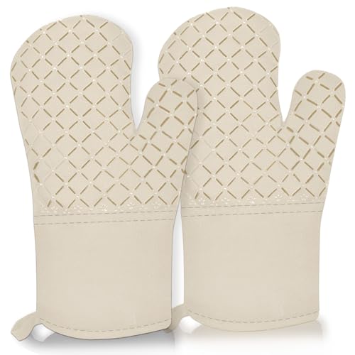 2 Pcs Oven Mitts for Kitchen Heat Resistant Oven Gloves, Soft Cotton Lining, Anti-Slip Silicone Stripe Oven Mitts Heat Resistant Oven Mits, Kitchen Mitt Pair Protect Hands, Cooking Baking Gloves Khaki