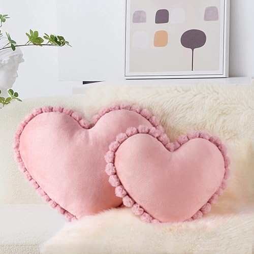 AELS Heart Shaped Pillow, Set of 2, Velvet Throw Pillows, Soft Velvet Love Pillows with Faux Fur Pom Poms, 20 & 16 Inches, Cute Valentines Day Decorations, Wedding Decor, Pink
