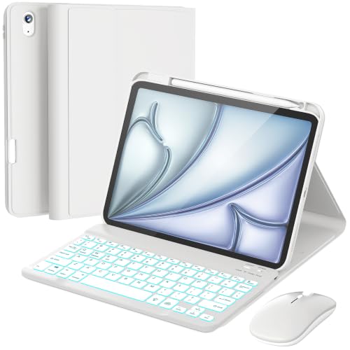 Image of RAYMCRAFT for iPad Air 11-inch Case with Keyboard M4 /M3 /M2 (2026 /2025 /2024), Mouse and Detachable Wireless Keyboard Combo for iPad Air 5th /4th 10.9-inch, 7-Color Backlight with Pencil Holder, White