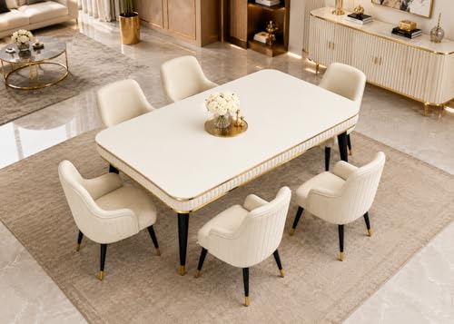 Image of WOODEN SPACE 6-Seater Wooden Dining Table Set | Nano Composite Marble Top | Solid Wood Base | Modern Dining Room Furniture with 6 Chairs (Beige Modern Zyro)