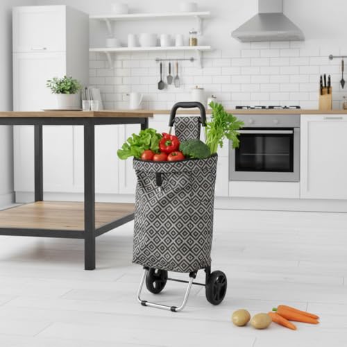 Image of KriShyam Foldable Shopping Trolley Cart with Stylish Pattern | Large Capacity Grocery Cart with Wheels | Lightweight Portable Utility Cart (2 WHHEL White (Geometric Print))