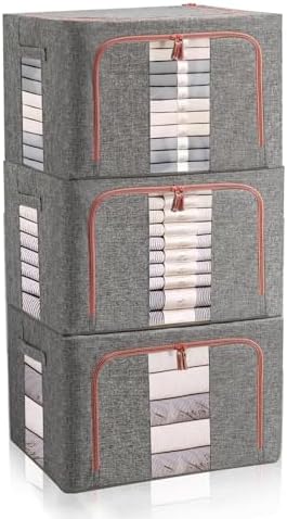 Closet Organizers and Storage 3 Pack Clothes Storage Boxes with Lid and Zips, Foldable Waterproof Oxford Cloth Steel Frame Box for Clothes,Bedding,Blankets,Toys Grey (22L)
