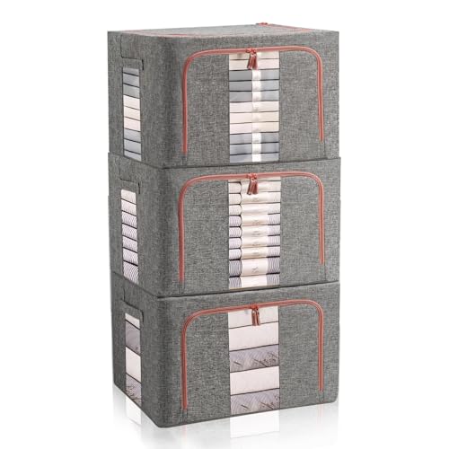 FUSACONY Lot de 3 Boite de Rangement Vetement avec Cadre Métallique, Pliable Sacs de Rangement pour Vêtements Édredons Couvertures Oreillers Jouets Vestes,...