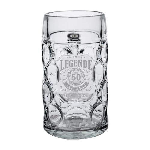 LUXENTU Brocca misura 1,0 l con motivo inciso, boccale di birra per un anniversario e occasioni speciali, brocca con manico con incisione laser, lavabile in lavastoviglie, leggende da 50 anni