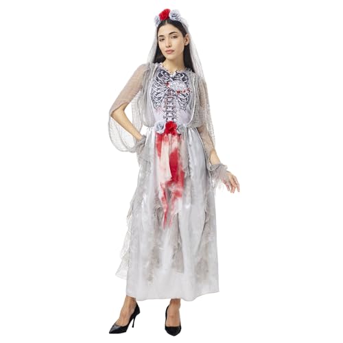 Huraogcos Zombie Braut Kostüm Frauen Gruseliges Halloween Kleid Kostüme Cosplay Karneval Zombie Kostüm Outfit (Large)