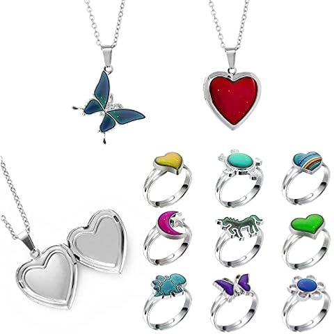 Yolev 9 Stücke Stimmungsring 2 Stück Stimmungskette Farbwechsel Ring Einstellbare Größe Stimmungsring Kinder Set Wechselnder Kinderringe Mädchen Herzkette Kostümzubehör Damen Cover