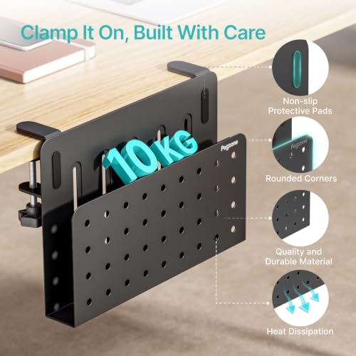 Image of PEGZONE Desk Side Storage Organizer, No Drill Under Desk Laptop Holder, Clamp on Desks Shelf with Pegboard Accessories, Hanging Laptop Mount, Fits Flat Edge 0.4 inch to 2.2 inch, Black | No Drill Under Desk Laptop Holder, Clamp on Desks Shelf with Pegboard Accessories, Hanging Laptop Mount