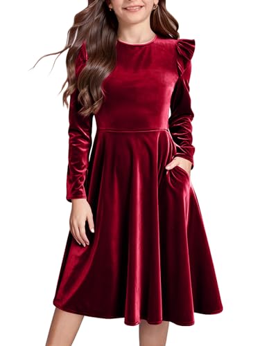Girls Christmas Dress Velvet Fall Winter Party Dresses Ruffled Long Sleeve Casual with Pockets Princess Outfits