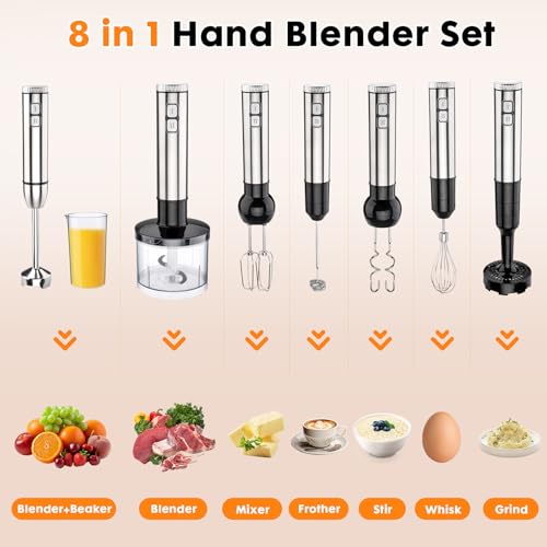 Image of Immersion Blender Handheld Cordless 8 in 1 Hand Held Blenders Mixer Stainless Steel 25 Speed Turbo Mode Electric Sitck Beaker Chopper Milk Frother Grinder