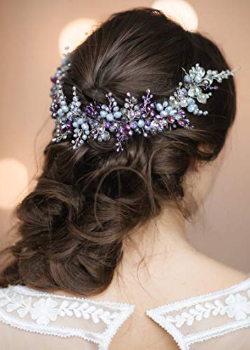 Kercisbeauty Blue and Purple Headband for Brides Bridal Headpiece Side Headband Wedding Women Special Occasion Jewelry Beads Hair Piece Tiara - Image 3
