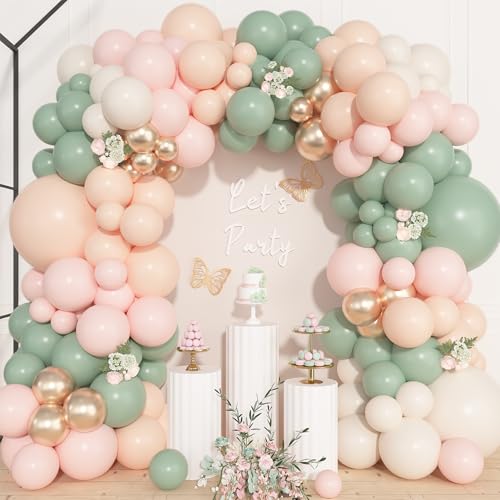Image of Ouddy Life 157 Pcs Dusty Pink Green Balloons Arch Kit, Sand White Champagne Gold Apricot Balloon for Gender Reveal Baby Shower Birthday Tea Party Fairy Girl Wedding Jungle Safari Woodland Decorations