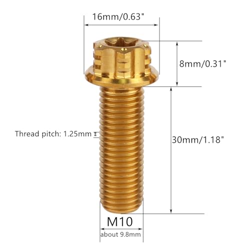 Image of 4Pcs Titanium Bolt Flange Torx Head M8 M10 x 20 25 30mm Screw Bolt for Motorcycle Car Modifications (Gold, M10x30mm Pitch 1.25)