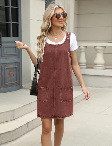 Image of Xaspee Denim Overall Dress for Women Casual Mini Sleeveless Jean Vintage Jumper Skirt Dress with Pockets