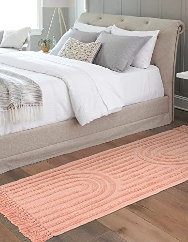 Lanffia Boho Rainbow Hallway Runner Rug 2X5, Tufted Pink Bedside Mat With Tassels, Farmhouse Cotton Woven Washable Accent Carpet For Nursery Laundry Bathroom Porch, Peach Pink #TOP6