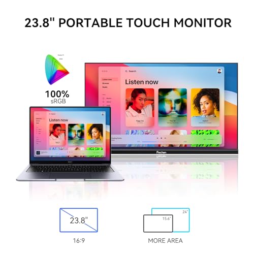 Image of 23.8 inch Portable Touchscreen Monitor 100% sRGB VA FHD 1080P, 4000:1 Contrast, VESA, Built-in Speaker, w /90Adjustable Stand USB-C HDMI 75Hz External Second Touch Screen Display for Laptop /PC /Phone