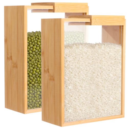 Image of 2 Pcs Wooden Cereal Storage Boxes, 8.7 x 6.8 x 3.1 in Dry Food Dispenser with Slide Lid, Visible Window, Wood Food Storage Container for Kitchen, Pantry Organization