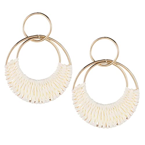 Rattan Earrings Boho Raffia Hoop Dangle Zinc Earrings For Women Girls Bohemian Raffia Braid Straw Wicker Round Drop Earrings Summer Beach Party Statement Earrings Jewelry,White #TOP4