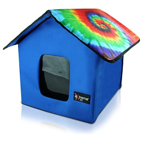 New 2024 Indoor/Outdoor Foldable Pet House for Cats and Small Dogs - Timer Control Fleece Heating Bed, Ties Downs for Secure Placement, Two Exits, and Waterproof Roof - Blue/Tie-Dye Cover