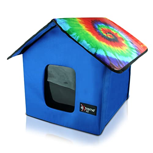 New 2024 Indoor/Outdoor Foldable Pet House for Cats and Small Dogs - Timer Control Fleece Heating Bed, Ties Downs for Secure Placement, Two Exits, and Waterproof Roof - Blue/Tie-Dye