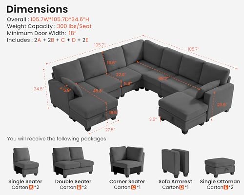 Image of CHIC HOUSE Modular Corner Sectional Sofa with Storage Ottoman, Corduroy L-Shaped Couch, Compact Small Space Furniture for Living Room & Apartment, (Dark Grey, 9 Seater L-Shaped)