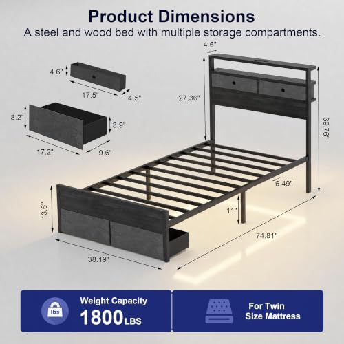 Image of Twin Bed Frames with Storage Drawer, Platform Bed with Charging Station and LED Lights, Upholstered Headboard with 2-Tier Storage Shelves, No Box Spring Needed
