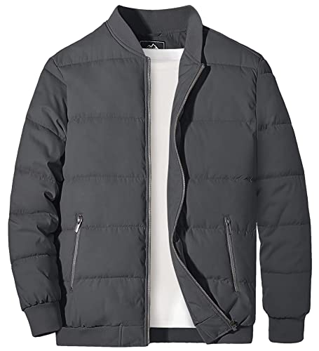 MAGCOMSEN Veste de mi-saison chaude pour homme - Col montant - Veste matelassée décontractée - Veste aviateur avec poches zippées - En polyester, gris foncé, M Cover