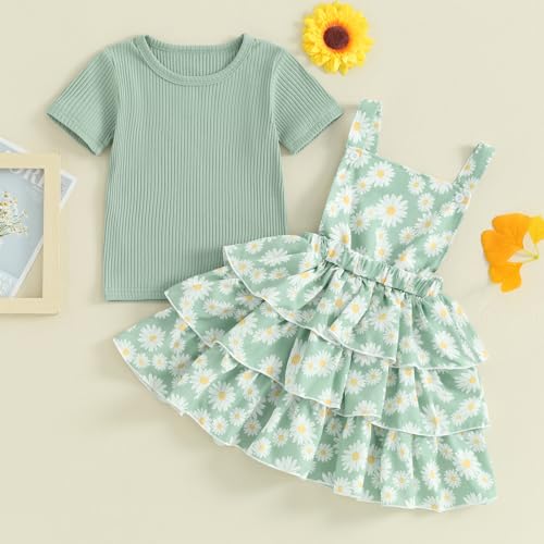 Image of Toddler Baby Girl Summer Clothes Kids Short Sleeve Solid T-Shirt Ruffle Daisy Skirts Overalls Dress Outfit 18M-6T