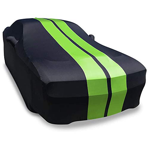 SR1 Performance Ultraguard Stretch Satin Indoor Car Cover Compatible for 2008-2022 Dodge Challenger - The Ultimate Custom FIT (Black with Green Stripes)