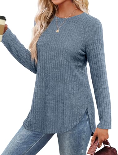 Image of Saloogoe Long Sleeve Shirts for Women 2025 Fall Clothes Tunic Tops Loose Fit Dressy Crewneck Pullover Sweaters Curved Hem