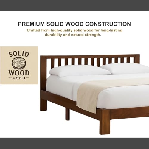 Image of King Size Solid Wood Premium Minimalist Bed | Modern Durable Double Bed - Walnut Finish - 78x72 inches