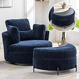 Aoiy & Wifon 42.2' W Oversized Swivel Barrel Chair with Ottoman, Upholstered Round Accent Chair with Storage Ottoman, Chenille, Navy