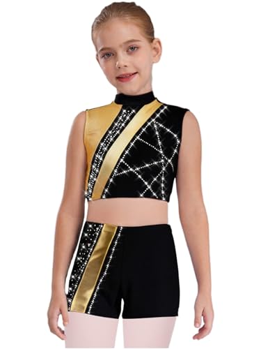 Kids Girls Gymnastics Outfit Set Glitter Metallic Crop Top with Shorts for Dance Stage Performances Gold 14 Years