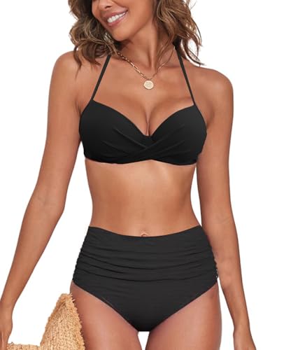 NLAND Traje de Baño Mujer Dos Piezas Conjunto Bikini Push Up de Cintura Alta con Estampados Florales Bikini Sexy Sets Talla Grande(Negro,XL)