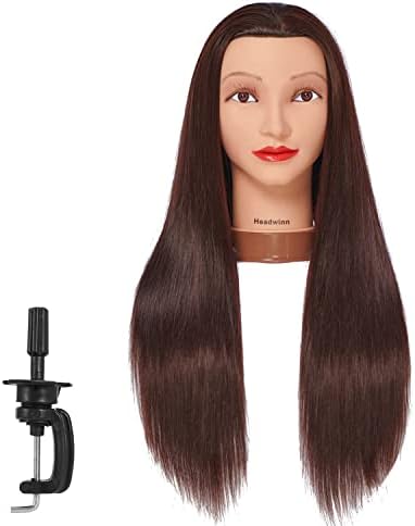 Headwinn Mannequin Head with Hair 26"-28" Synthetic Fiber Hair Styling Training Head Manikin Cosmetology Doll Head for Wigs Free Clamp Stand (Brown)
