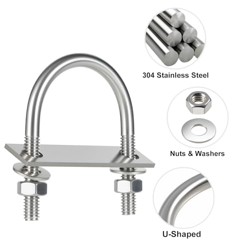 Image of 2 Sets Round U Bolts, u-Bolts 2 Inch Wide, 304 Stainless Steel U Bolt,with Nuts,Bolt Plate and Washers for Boat Trailer Tube(1 /2 inch D x 2 inch W x 4 inch L)