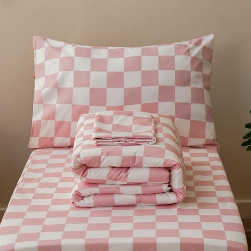 Image of Wellboo Pink White Plaid Toddler Bedding Sets for Girls Boys Bean Pink and White Checkerboard Grid 4 Pieces Soft Crib Bed Set Including Comforter, Sheets and Pillowcase Kids Checkered Geometric Quilt