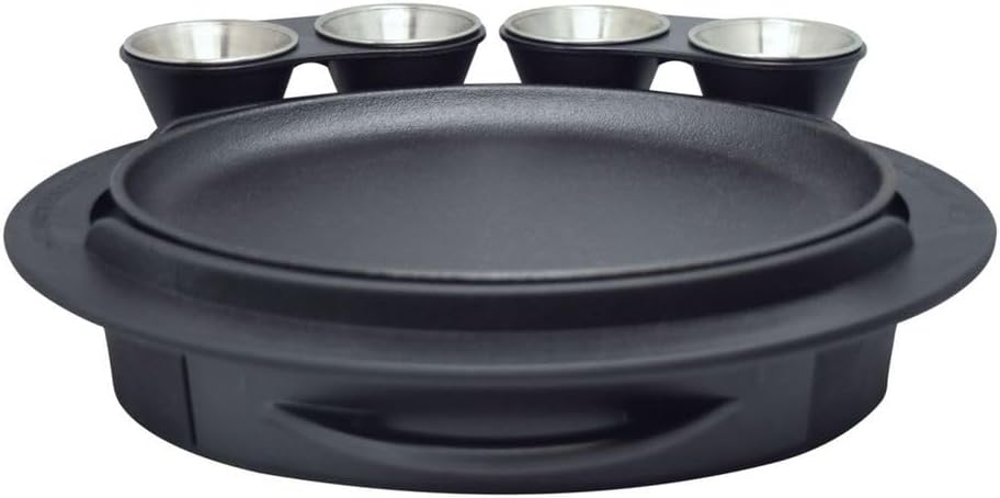 The Fajita Butler. Patented Tortilla Drawer, repositionable Condiment Holders, high Temp Base (500 Degrees), Cast Iron Skillet & (4) Stainless Steel ramekins. Restaurant Size and Quality.
