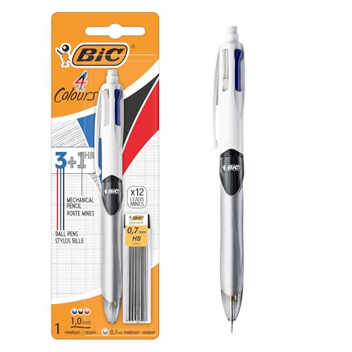 BIC 4 Colores Bolígrafo de Punta Media (1,0mm) Multifunción 3+1HB con 12 minas de Recambio 0,7mm - Colores Surtidos - Ideal para profesionales ✅