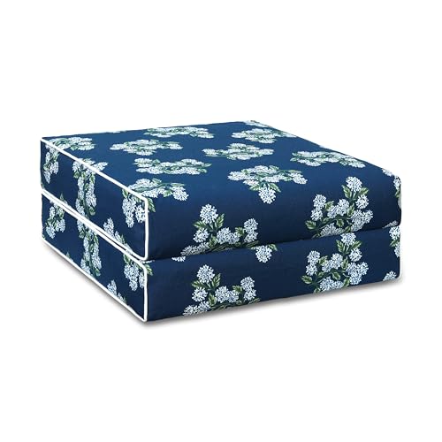 Hofdeco Premium Grandmillennial Patio Indoor Outdoor Seat Cushion Cover Only Set of 2, 20"x20"x4" Water Repellent for Backyard, Couch, Navy Blue Green Print Hydrangea Flowers