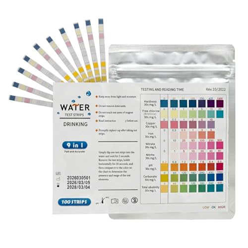 SureFly Bandelettes Test Eau Aquarium 9 en 1 Lot de 100, Kit Test Aquarium Eau Douce et Eau Salée, Test Nitrite Nitrate pH GH KH Chlore Cuivre Fer avec Tube et Thermomètre