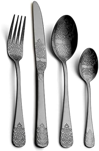 Vajilla Cubiertos Cubiertos con Diseño Vintage, 24 Piezas, Utensilios De Acero Inoxidable 18/10 Chapados En Oro, Juego De Cubiertos para 6 Personas, Servicio De Cena Reutilizable,24cs Negro,Pictur