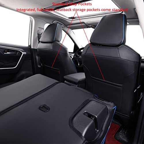 Image of EKR Rav4 Seat Covers Custom Fit for Toyota Rav4 (Only Hybrid) 2019-2025 LE,XLE,XLE Premium,Limited,Woodland Edition, Leather Car Seat Cover Full Set for SUV,Faux Leather(Black with Blue Piping)