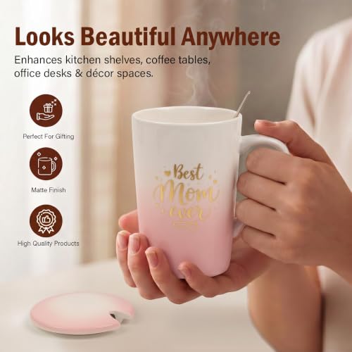 Image of ZAICUS Best Mom Ever Coffee Mug with Lid & Spoon, Ceramic Gift for Mother | Perfect for Coffee, Tea & Daily Use | Perfect Mother's Day & Birthday Gift
