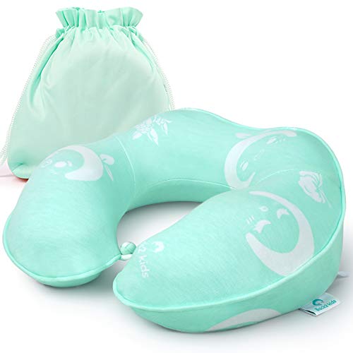 RESTCLOUD Kids Travel Neck Pillow for Airplane Car, Head and Neck Support for Kids Boys and Girls Age 3 to 10 (Green)