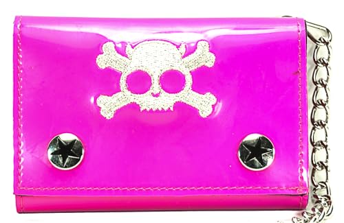 Skull Crossbone Embroidered Shiny Patent Tri-fold Bikers