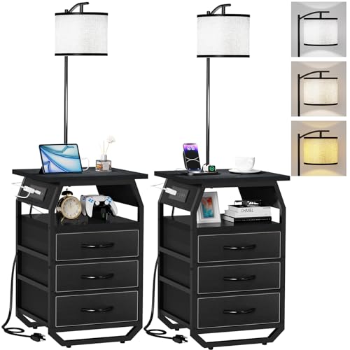 Image of runjuly Floor Lamp with Table Set 2, End Table with Light & Charging, Black