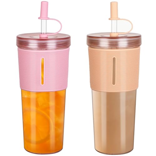 ZgoEC 710ml Becher mit Deckel und Strohhlam, 2 Stück Wiederverwendbar Trinkbecher, BPA Frei Plastikbecher Zuhause, Tumbler Becher für Kaffee, Smoothie, Milchshake (Rosa+Orange)