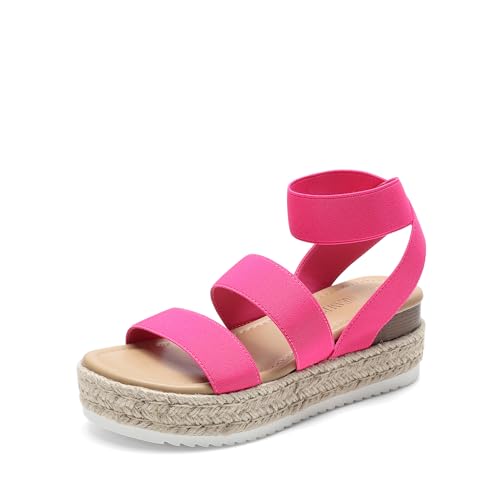 DREAM PAIRS Strappy Espadrille Platform Wedge Sandals for Women Dressy Summer, Comfortable Open Toe Sandals with Cushioned Insole and Ankle Strap Buckle 8.5 Hot Pink Elastic